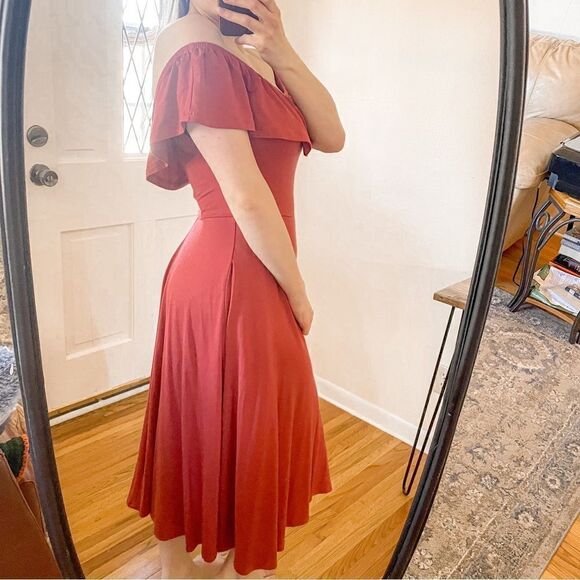 Reformation Off The Shoulder Midi Dress in Red Orange - Picture 2 of 8